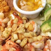 Camarones Plate · comes with rice, beans, salad, and tortillas