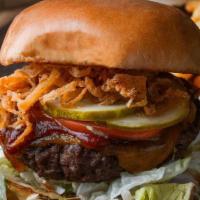 Smokehouse Burger · Burger. 1/2 pound all-beef patty with BBQ sauce, tobacco onions, lettuce, pickles and tomato...