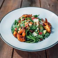 Avery Island Salad · Blackened jumbo gulf shrimp, mixed greens, bacon, granny smith apples, candied pecans, bleu ...