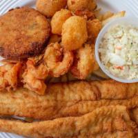Seafood Platters (A) · Fillet of fish, shrimp, scallop, crab cake, French fries, hushpuppies and coleslaw.