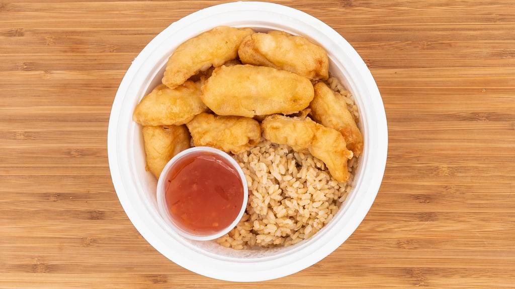 Sweet & Sour Chicken · Crispy fried white meat chicken with dipping sauce.