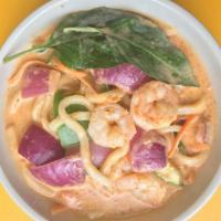 Red Curry Shrimp Udon · Hot. Fresh basil, lemongrass, vegetable and Thai red curry in a coconut milk base.