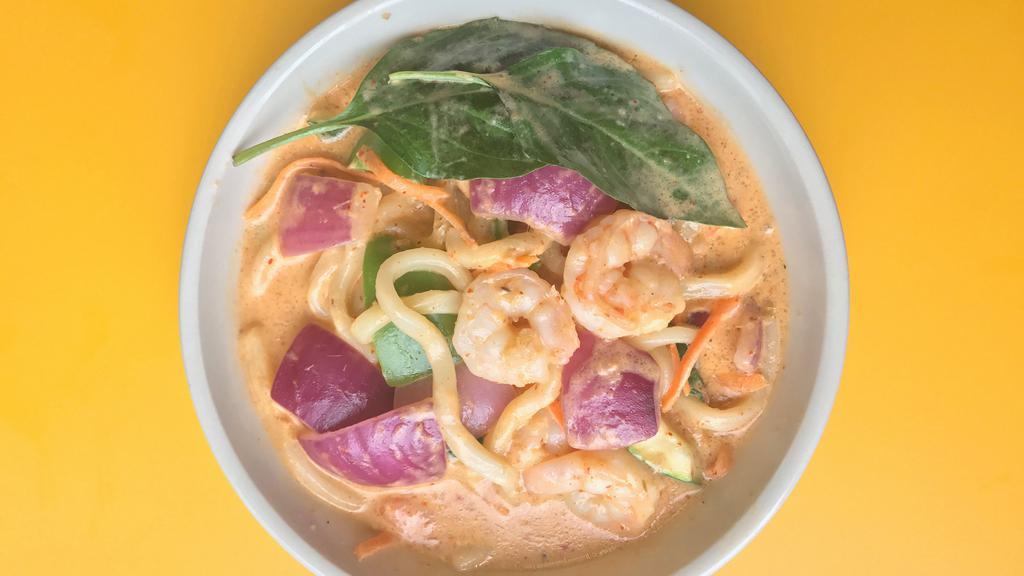 Red Curry Shrimp Udon · Hot. Fresh basil, lemongrass, vegetable and Thai red curry in a coconut milk base.