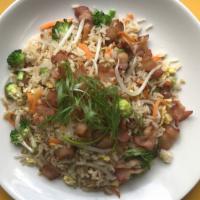 Bacon & Egg Fried Rice · Wok seared bacon with broccoli, carrots, bean sprouts and crumbled egg with ginger sauce on ...