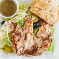 Greek Chicken Salad · Lettuce,peppers cucumbers, tomatoes, onions, kalamata olives pepperoncini and feta cheese, t...