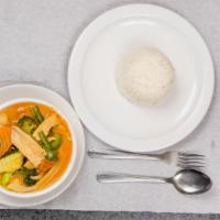 Red Curry · Red curry, broccoli, coconut milk, bamboo shoots, mushrooms, carrots, bell peppers, zucchini...