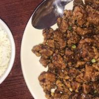 Crispy Scallion Chicken · Spicy. Gently fried diced chicken, shrimp or beef sautéed in the chef's spicy-sweet brown sa...