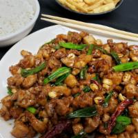 Chicken Kon-Bo · Spicy. Diced chicken sautéed with peanuts in the chef's spicy brown sauce.