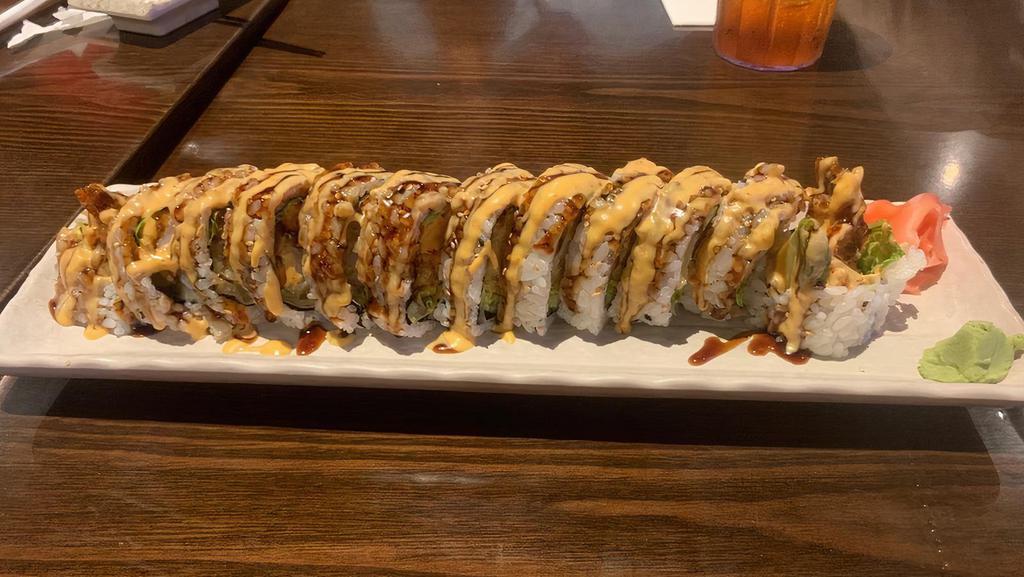 Big Ole Po Boy Roll · Spicy. Crawfish, crab, shrimp tempura mayo, lettuce, tomato, cucumber, avocado topped with spicy mayo and eel sauce.