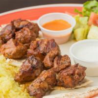 Lamb Shish Plate · Marinated Lamb Cubes Grilled Served with Taziki Sauce and Hot Sauce