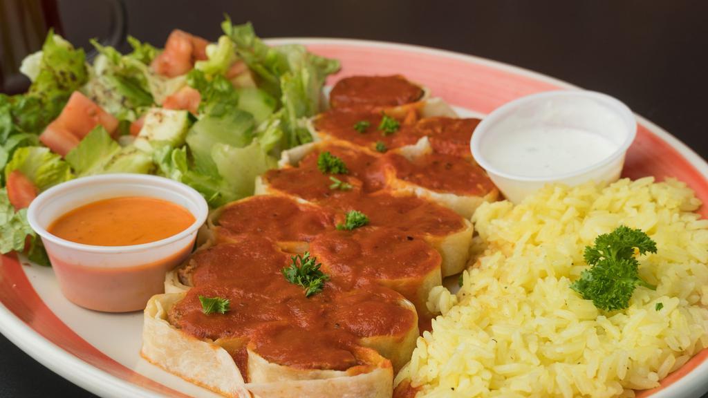 Beyti Sarma Plate · Adana Kebab Wrapped and cut into Pieces topped with tomato Sauce Served with Taziki and Hot Sauce