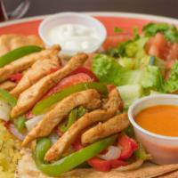 Chicken Fajita Plate · Marinated Chicken Strips With Onion and Peppers Served with Garlic Cream and Hot Sauce
