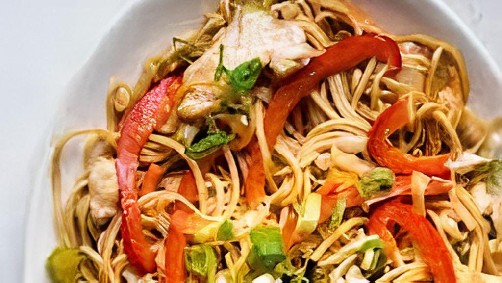 Chicken Chow Mein · Stir fried chicken with cabbage, white onions, carrots, celery and fried noodles.