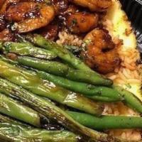 Shrimp Bowl · Jerk Shrimp, Rice & Beans and Zucchini & Squash