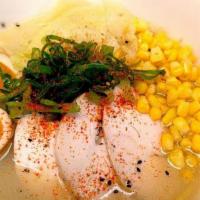 Shio Ramen · Chicken in our seafood broth, topped with scallions, corn, bamboo shoot, nori & seasoned boi...