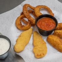 Italian Sampler · Two chicken tenders, three mozzarella sticks, four onion rings. Served with honey mustard an...