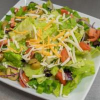 Garden House Salad · Romaine lettuce, black olives, green olives, tomatoes, green peppers, onions, mozzarella che...