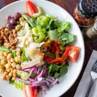 House Tg’S Salad · Romaine lettuce, roasted peppers, walnuts, olives, vine ripen tomatoes, red onions, garbanzo...