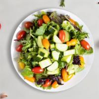 House Salad · Fresh green lettuce mix, tomatoes, black olives, red onions, bell peppers, and shredded mozz...