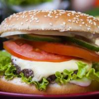 Wanna Cheese Burger · Ground beef, cheese, tomato, cucumber, lettuce, onions.