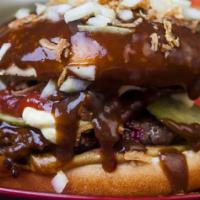 Thor'S Beef Hammer · Ground beef, pickled beetroot, ketchup, mustard, remoulade, pickled cucumber, fried onions, ...