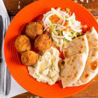 Homemade Falafel Plate · Falafel, Green Salad, Hummus made in-house, Olive Oil, with Toasted Tortilla and Chili Sauce...