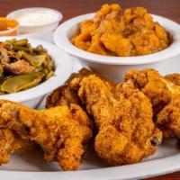 Wing Dinner · Eight pieces dinner plus two here: green beans, sweet potatoes, loaded potato salad, mashed ...