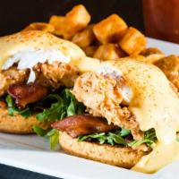 Swanky Benedict · Buttermilk fried chicken, applewood smoked bacon, arugula and lemon oil on a housemade sweet...