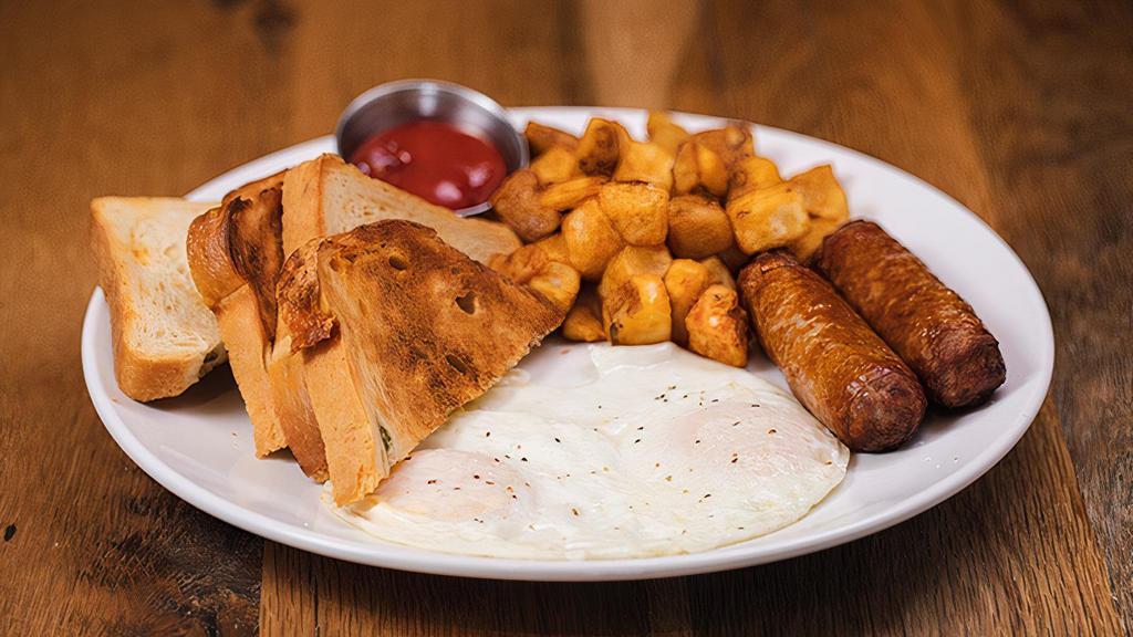 Baker'S Breakfast · Two eggs, any style, with your choice of applewood smoked bacon or maple sausage links, served with hashbrowns and your choice of toast.