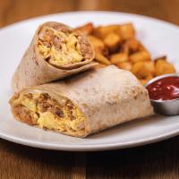 Breakfast Burrito · Three eggs scrambled, house-made fennel sausage, american cheese, pico de gallo, chipotle ai...