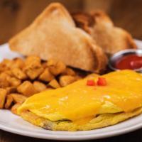 Mid-Atlantic Omelette · Omelette with baked ham, bell peppers, red onion, mushrooms and cheddar cheese, served with ...