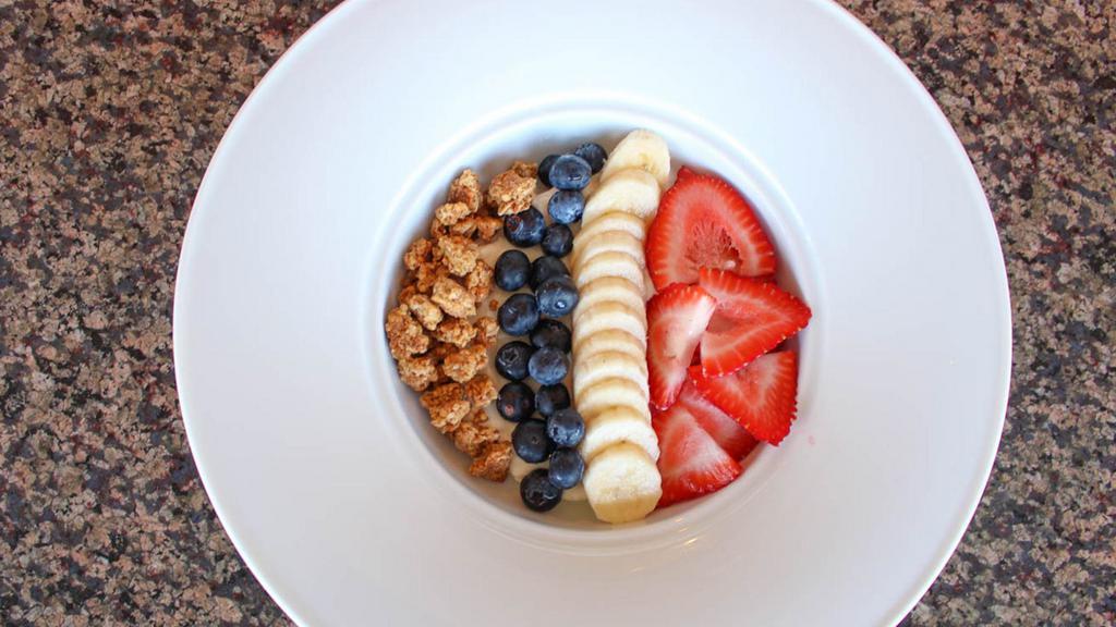 Fresh Berry & Greek Yogurt Bowl · Vanilla greek yogurt, strawberries, blueberries, bananas, harvest granola & honey oats.