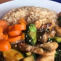 Teriyaki · Fried rice or steamed rice with onions, mushrooms, zucchini, broccoli, and sweet carrots.
