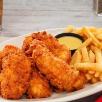 Chicken Tenders · Crisp chicken tenders served with honey mustard sauce for dipping.