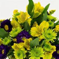 Playful Posy · Yellow alstromeria, purple Matsumoto asters, and green button poms are gathered in this play...
