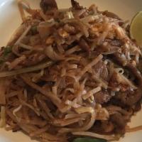 Pad Thai · Flat rice noodles stir-fried with bean sprouts and onion.
