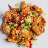 Spicy Chicken · Spicy. wok fried crispy diced chicken tossed with red chili pepper, bell green peppers, onio...