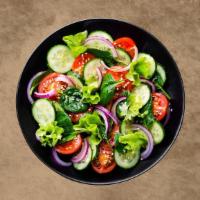 Garden Green Salad · Fresh green lettuce mix, tomatoes, black olives, red onions, bell peppers, and shredded mozz...