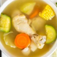 Caldo De Pollo / Chicken Soup · Acompañado zanahoria, calabaza, chayote, papa, repollo, elote, cebolla, cilantro, chile pica...