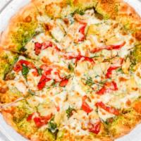 Chicken Basil Pesto Pizza · Mozzarella, spinach, chicken, artichoke hearts, and roasted red pepper.