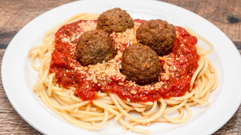 Spaghetti With Meatballs · Marinara sauce over spaghetti with meatballs, topped with mozzarella. Served with hot fresh bread sticks and side salad.