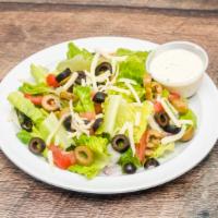 Roma House Salad · Lettuce, tomatoes, onions, green peppers, black olives, green olives, and cheese.