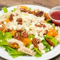 Orange Pecan Chicken Salad · Romaine lettuce, grilled chicken, chopped pecans, mandarin oranges, crumbled feta cheese, an...