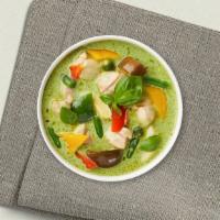 Green Curry · Green curry with coconut milk (same set of veggies as the red curry. Comes with rice.