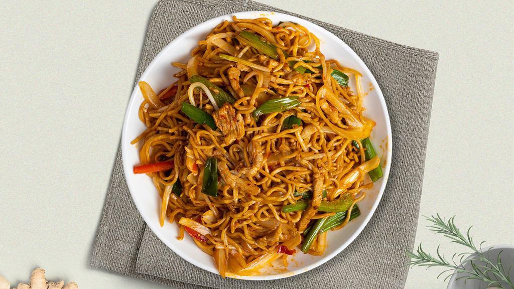 Spicy Lo Mien Noodles · A spicy version of lo mein with basil, broccoli, carrots, water chestnuts, bamboo, baby corn, bell pepper, zucchini, shredded cabbage, bean sprout, tomato, and chili pepper.