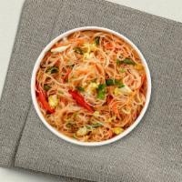Pat Woon Sen (Stir-Fry Bean Thread Noodle) · Stir-fry bean thread noodle with egg, broccoli, cabbage, snow pea, mushroom, bamboo, bell pe...