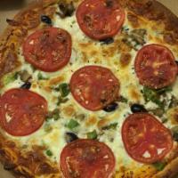 Vegetarian Pizza · Onions, peppers, mushrooms, black olives, tomatoes, cheese.