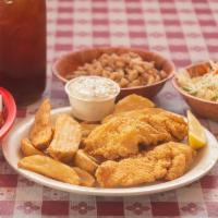 2 Piece Catfish Filet Dinner · Served with white beans, coleslaw, pickles and onions, french fries and world-famous hush pu...