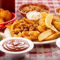 Seafood Platter · Served with white beans, coleslaw, pickles and onions, french fries and world-famous hush pu...