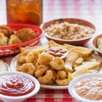 Fried Shrimp Dinner · Served with white beans, coleslaw, pickles and onions, french fries and world-famous hush pu...